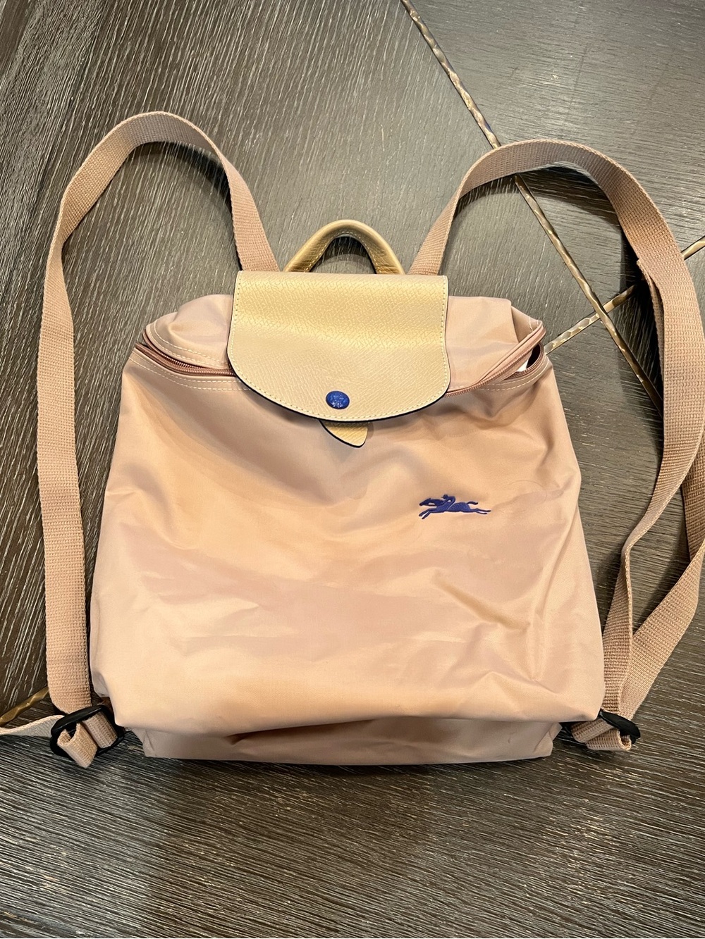Longchamp Nylon small Backpack in Light tan with Tan Flap and blue horse